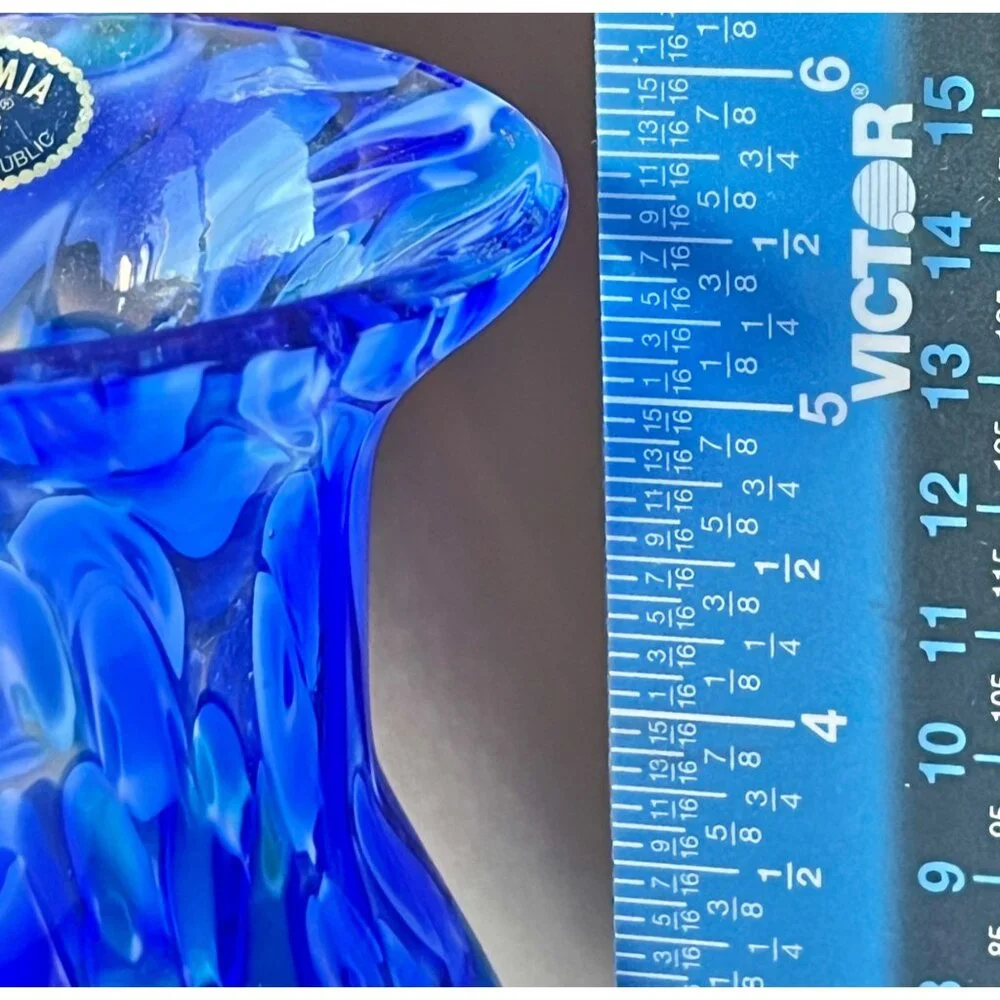 Bohemia Czech Republic Vase Blue & Green Swirl Blown Glass  6” READ Gift Art